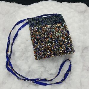Handmade Hand beaded Blue and Multicolor Beaded Mini Crossbody Wallet Handbag